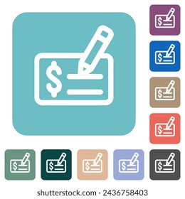 Cheque signing outline white flat icons on color rounded square backgrounds