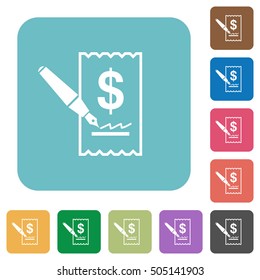 Cheque signing white flat icons on color rounded square backgrounds