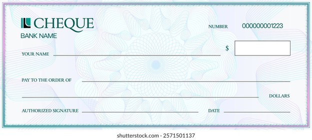 Cheque template with watermark for bank check or checkbook voucher, vector background. Money payment cheque template or paycheck with guilloche watermark for payment coupon or bank voucher bill