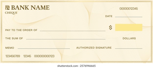 Cheque template with watermark. Blank bank check. Vector document layout includes fields for payee, amount, date, memo and signature, complemented by security patterns. Check for financial transaction