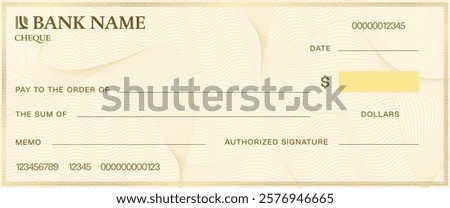 Cheque template with watermark. Blank bank check. Vector document layout includes fields for payee, amount, date, memo and signature, complemented by security patterns. Check for financial transaction