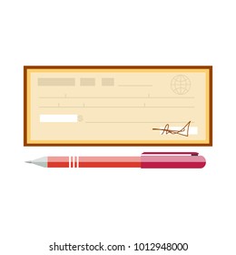 Cheque Vector Illustration. Cheque Icon In Flat Style. Cheque Book On Background. Bank Check With Pen. Concept Illustration Pay, Payment, Buy.