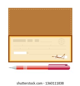Cheque vector illustration. Cheque icon in flat style. Cheque book on colored background. Bank check with pen. Concept illustration pay, payment, buy.