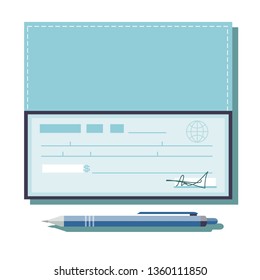 Cheque vector illustration. Cheque icon in flat style. Cheque book on colored background. Bank check with pen. Concept illustration pay, payment, buy.