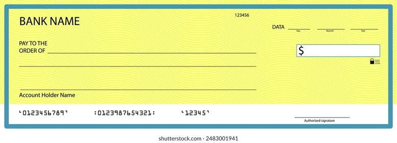 Cheque con marca de agua, guilloche y talonario de cheques, Marca de agua de patrón, divisa de importe, talonario de pago, Cupón financiero de transacciones financieras. Ilustración vectorial