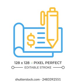 Chequebook two color line icon. Cheque leaf. Financial document. Payment method. Negotiable instrument bicolor outline symbol. Duotone linear pictogram. Isolated illustration. Editable stroke