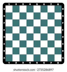 Chequered black and teal squares representing a chessboard with alphanumeric coordinates for game strategy