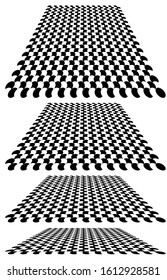 Chequered, checker plane in 3D perspective. Vanishing, diminish chessboard, checkerboard into distant horizon. Empty scene, space, virtual interior room background. Incline converging, confluence, mer