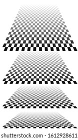 Chequered, checker plane in 3D perspective. Vanishing, diminish chessboard, checkerboard into distant horizon. Empty scene, space, virtual interior room background. Incline converging, confluence, mer