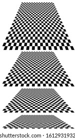 Chequered, checker plane in 3D perspective. Vanishing, diminish chessboard, checkerboard into distant horizon. Empty scene, space, virtual interior room background. Incline converging planes