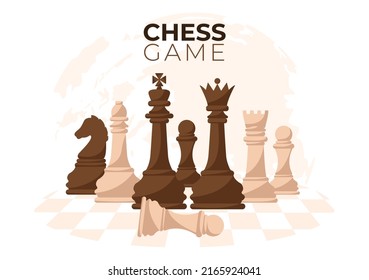 Chequered Chess Board Cartoon Background Illustration with Black and White Pieces for Hobby Activity, Competition or Tournament