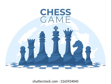 Chequered Chess Board Cartoon Background Illustration with Black and White Pieces for Hobby Activity, Competition or Tournament