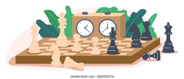 Chequered Chessboard with Black and White Chess Pieces Isolated on White Background. Strategic and Tactics Game, Intelligent Hobby Activity, Competition or Tournament. Cartoon Vector Illustration