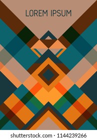 Chequered cover page layout vector template geometric design with triangles and stripes pattern. Carnival brazilian motifs. Striped bauhaus pattern vector cover design. Cool geometry.