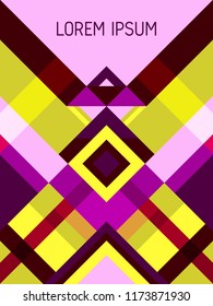 Chequered cover page layout vector template geometric design with triangles and stripes pattern. Folklore brazilian motifs. Striped bauhaus pattern vector cover design. Trendy geometry.