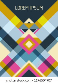 Chequered cover page layout vector template geometric design with triangles and stripes pattern. Folklore mexican motifs. Striped bauhaus pattern vector cover design. Trendy geometry.