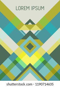 Chequered cover page layout vector template geometric design with triangles and stripes pattern. Festive brazil motifs. Striped bauhaus pattern vector cover design. Trendy geometry.
