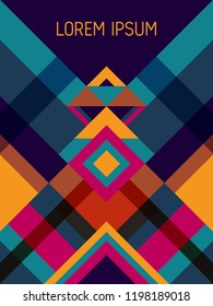 Chequered cover page layout vector template geometric design with triangles and stripes pattern. Festive brazilian motifs. Striped bauhaus pattern vector cover design. Cool geometry.