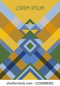 Chequered cover page layout vector template geometric design with triangles and stripes pattern. Carnival brazilian motifs. Striped bauhaus pattern vector cover design. Cool geometry.