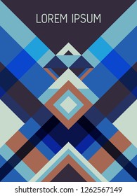 Chequered cover page layout vector template geometric design with triangles and stripes pattern. Carnival mexican motifs. Striped bauhaus pattern vector cover design. Cool geometry.