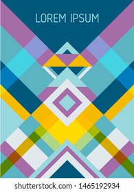 Chequered cover page layout vector template geometric design with triangles and stripes pattern. Carnival mexican motifs. Striped bauhaus pattern vector cover design. Trendy geometry.