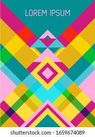 Chequered cover page layout vector template geometric design with triangles and stripes pattern. Carnival brazilian motifs. Striped bauhaus pattern vector cover design. Cool geometry.