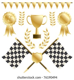 chequered flags and gold winners rosettes and trophy, isolated on white