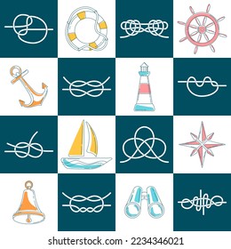 Chequered nautical childish vector seamless pattern. Creative sea theme childrens fabric design with elements on chessboard. Marine checkerboard modern tile design in cartoon style.