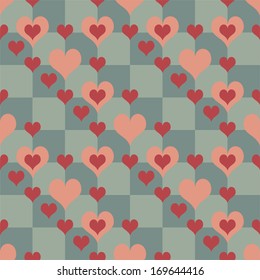 Chequered pattern. Seamless pattern in retro colors. Hearts and squares composition for textile or web background. Vector is grouped. Drop into your AI swatches and use as fill. Easy to recolor.