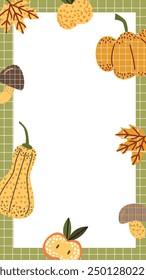Marco de verduras a cuadros. Ilustración de calabazas, setas y hojas de otoño. Plantilla de Historias para Medios Sociales. Diseño de la temporada de otoño.