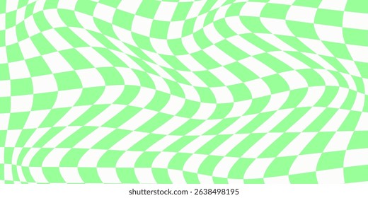 Chequered visual illusion. Distorted chessboard background. Psychedelic pattern with warped black and white squares. Race flag texture. Trippy checkerboard layout. Vector flat illustration
