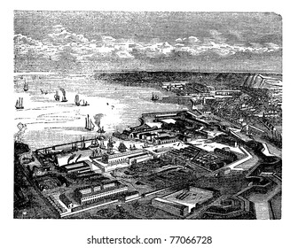 Cherbourg-Octeville, in Normandy, France, during the 1890s, vintage engraving. Old engraved illustration of Cherbourg-Octeville. Trousset Encyclopedia