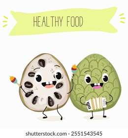 Cherimoya fruit cute funny cheerful characters with different poses and activities. Natural vitamin antioxidant detox food collection. Vector hand drawn illistration.