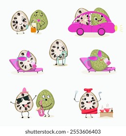 Cherimoya fruit set cute funny cheerful characters with different poses and activities. Natural vitamin antioxidant detox food collection. Vector hand drawn illistration.