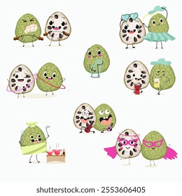 Cherimoya fruit set cute funny cheerful characters with different poses and activities. Natural vitamin antioxidant detox food collection. Vector hand drawn illistration.