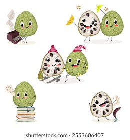 Cherimoya fruit set cute funny cheerful characters with different poses and activities. Natural vitamin antioxidant detox food collection. Vector hand drawn illistration.