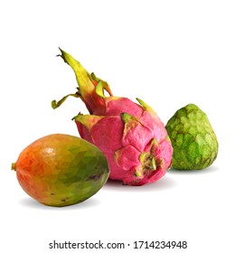 Cherimoya, Mango und Pitahaya Low-Poly. Frisch, nahrhaft und lecker Cherimoya. Exotische Früchte. Cherimoya, Mango und Pitahaya in Triangulationstechnik.
