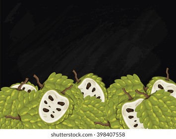 Cherimoya on chalkboard background. Cherimoya composition, plants and leaves. Organic food. Summer fruit. Fruit background for packaging design.