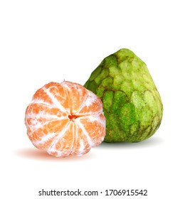 Cherimoya and tangerines low poly. Fresh, nutritious and tasty Cherimoya. Exotic fruits. Cherimoya and tangerines in triangulation technique.