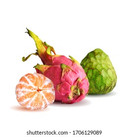 Cherimoya, tangerines and Pitahaya low poly. Fresh, nutritious and tasty Cherimoya. Exotic fruits. Cherimoya, tangerines and Pitahaya in triangulation technique.