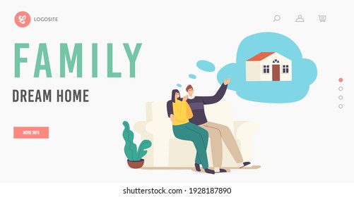 Querido deseo de cabaña, imaginación, visualización de la plantilla de la página de inicio. La gente sueña con bienes raíces. Personajes jóvenes de parejas casadas soñando con una casa familiar. Ilustración del vector de dibujos animados