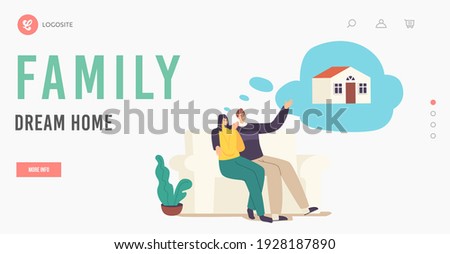Cherished Desire of Cottage, Imagination, Visualization Landing Page Template. People Dream of Real Estate. Young Married Couple Characters Dreaming of Family House. Cartoon Vector Illustration