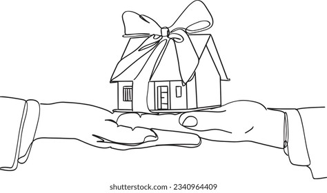 Cherishing Dreams: Cartoon Illustration of Hand Holding a Tiny House Model, Symbol of Aspiration: Sketch Drawing of Hand Holding House Model with Ribbon