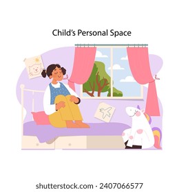 Cherishing solitude concept. Girl resting in her room. Serene moment in child personal space, fostering independence and tranquility. Embracing quiet reflection and comfort. Flat vector illustration