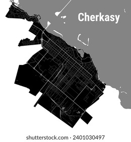 Mapa de la ciudad de Cherkasy, Ucrania. Fronteras administrativas municipales, mapa de zonas negras y blancas con ríos y carreteras, parques y ferrocarriles. Ilustración vectorial.