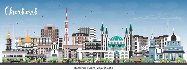 Cherkessk Russia city skyline with color buildings and blue sky. Vector illustration. Cherkessk cityscape with landmarks. Business travel and tourism concept with modern and historic architecture.