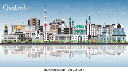 Cherkessk Russia city skyline with color buildings, blue sky and reflections. Vector illustration. Cherkessk cityscape with landmarks. Travel and tourism concept with modern and historic architecture.