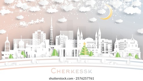 Cherkessk Russia. Winter city skyline in paper cut style with snowflakes, moon and neon garland. Christmas and new year concept. Santa Claus on sleigh. Cherkessk cityscape with landmarks.