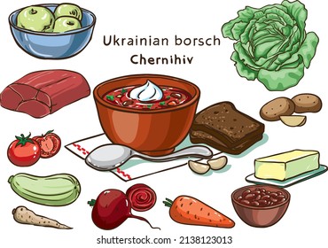 Conjunto de vectores de ingredientes borsch ucranianos Chernihiv