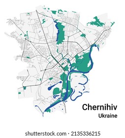 Chernihiv vector map. Detailed map of Chernihiv city administrative area. Cityscape panorama. Royalty free vector illustration. Road map with highways, rivers.